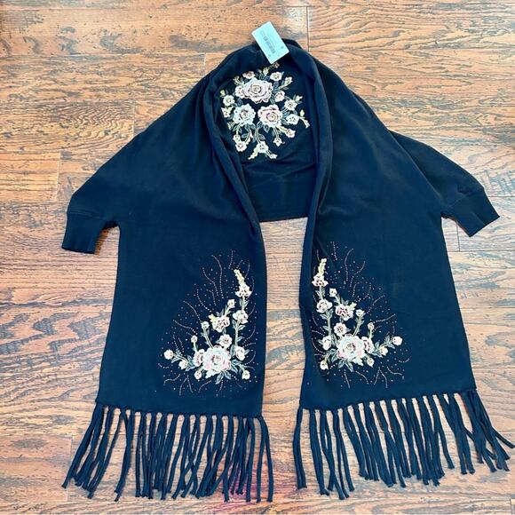 Frank Lyman Design Accessories - Frank Lyman Wrap Shawl with Sleeves Floral Embroidery Fringed in Black S/M NWT